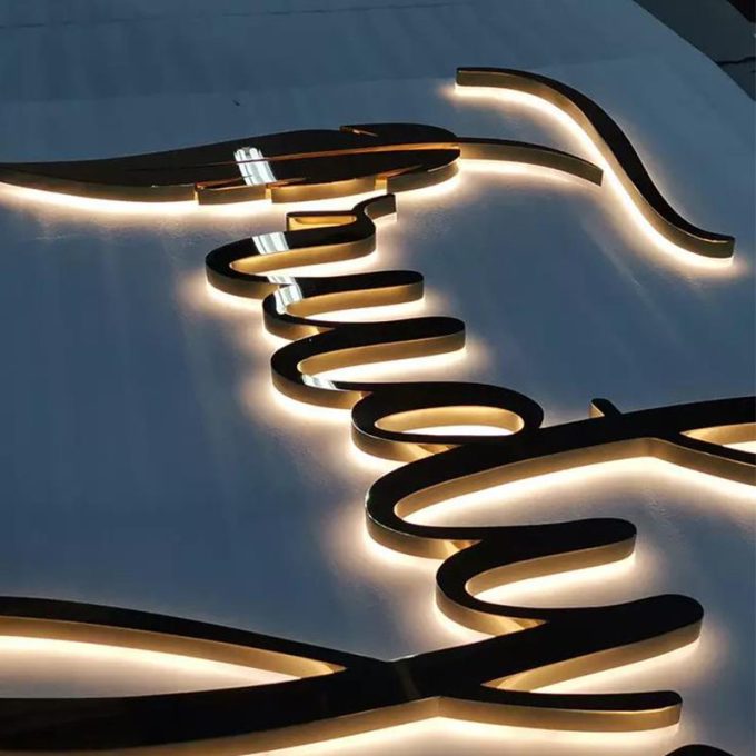Outdoor Store Front Gold Mirror Stainless Steel Channel Logo Salon Signs Led Light Up Backlit Letters